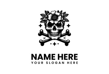 Skull and Crossbones with Flowers Tattoo Design