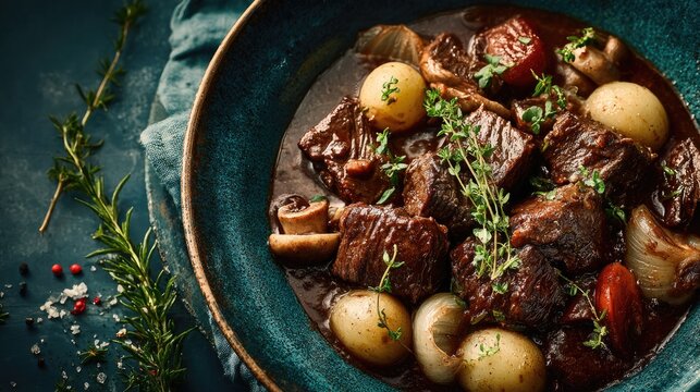 France dish Boeuf Bourguignon Slow-cooked beef in red wine sauce with mushrooms and onions rich and tender