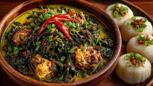 Angola dish Muamba de Galinha Spicy chicken stew with okra palm oil and garlic served with funge