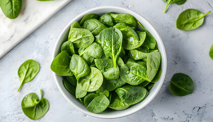 Obraz premium Fresh spinach leaves on white plate. Healthy vegan food. Top view