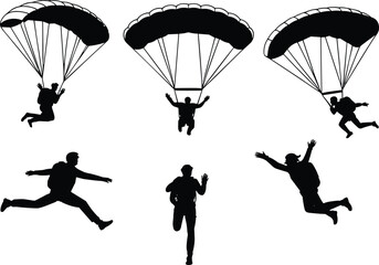 Silhouette skydivers and parachutists in action, extreme sport freefall, parachute jump, adventure skydiving, aerial silhouettes, outdoor adrenaline activity illustration