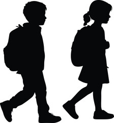 Silhouette of two school children walking with backpacks, boy and girl students together, education concept, childhood routine, pedestrian safety illustration