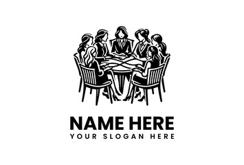 Professional illustration depicting a group of diverse women gathered around a table for a meeting, collaboration, or discussion, symbolizing teamwork and corporate communication