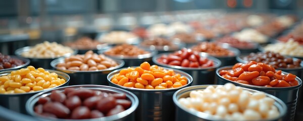 Canned beans assortment various types in metal containers. Ready for market retail display. Food product preserving concept. Industrial food production concept. Healthy eating ingredients.