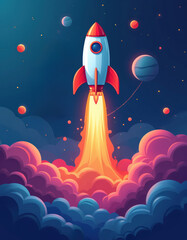 Cartoon rocket ascends into starry night sky in colorful clouds. Blast off begins with fiery exhaust, planets and moons orbit. Festive start for new year wishes, journeys, and celebrations.