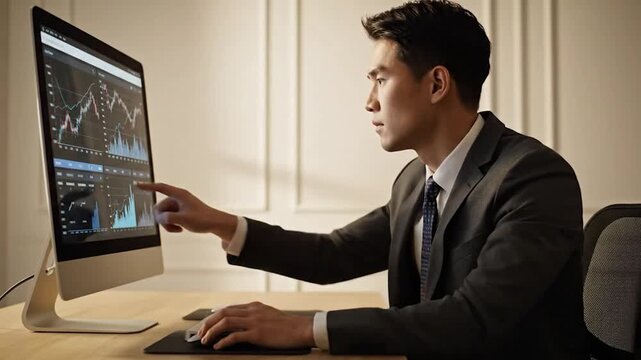 A man in a suit looks at a monitor with trading graphs and charts. He is sitting at a desk - Powered by Adobe