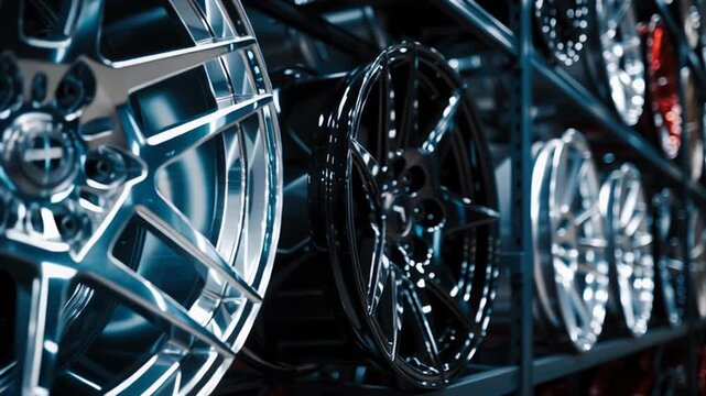 4k video of aisle product showcase for car rims in a store.