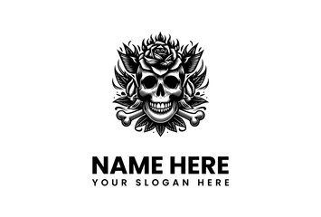 Tattoo Style Skull with Roses and Bones Logo Design for Sale