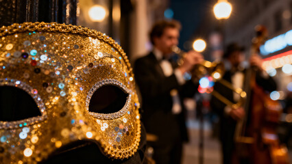 Golden mask close-up with musicians playing jazz on city street at night, space for text 