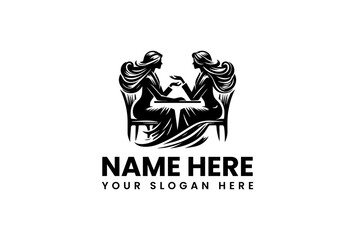 Elegant silhouette logo of two women with long flowing hair sitting at a table for a conversation or psychic reading, vector art 168.eps