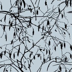 Black branches isolated on a blue background. Seamless pattern. Alder tree. 