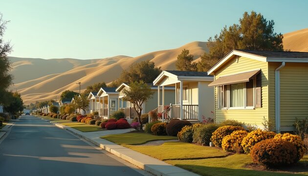 A neat street lined with mobile homes features manicured lawns and flowerbeds. Rolling hills form a scenic backdrop under a clear sky. One car drives down the road.