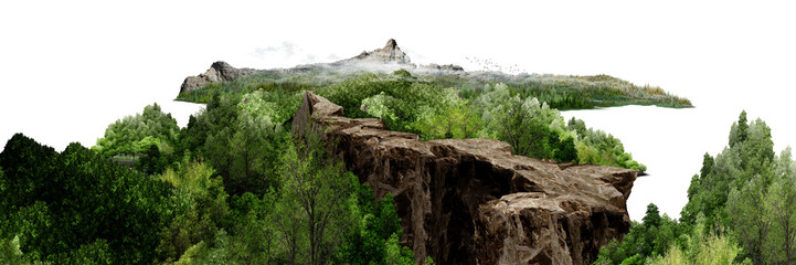grass on a white background/Majestic rocky cliff surrounded by lush green forest and distant mountains under a misty sky, showcasing the beauty of untouched nature.