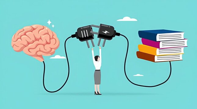 read books to learn new lessons, literature or intelligence information, improve literacy and numeracy skills, woman connect plug with stack of book with human brain concept vector illustration