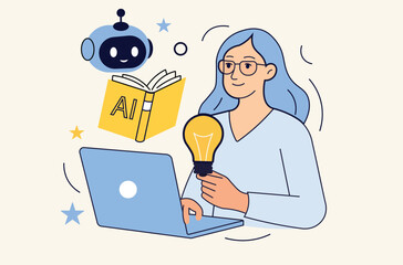 AI robot assistant reading book and learning from data. Neural network training, algorithm optimization, and large language model concept. Vector illustration.