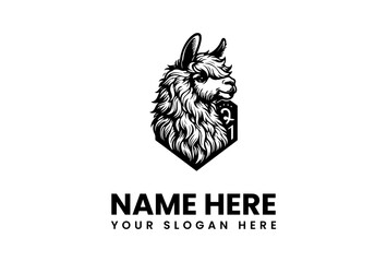 Vintage engraving style illustration of a llama head mascot inside a shield crest. Black and white alpaca animal logo design template. Vector graphic