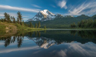Scenic lake reflects snow-capped mountain and sky, lush trees and green foliage surrounding