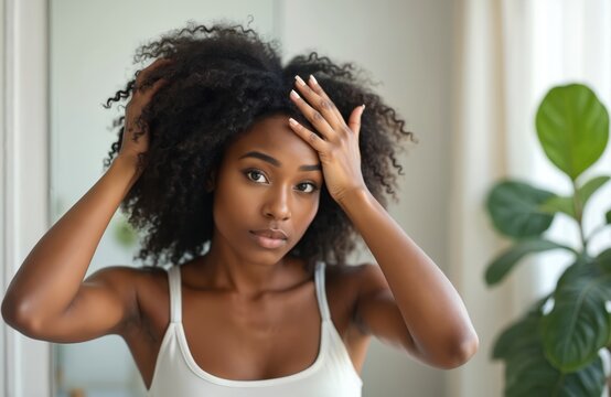 Young woman examines her hair, scalp in mirror expressing concern. She appears frustrated with potential hair loss or dryness. Image conveys feelings of sadness, self-doubt regarding beauty, health.