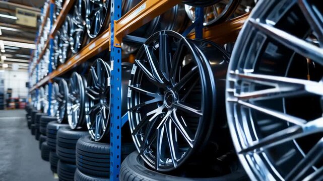 4k video of aisle product showcase for car rims in a store.