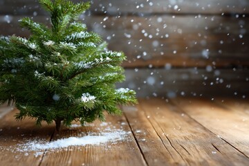 Snow-dusted christmas tree on rustic wooden floor with falling snowflakes
