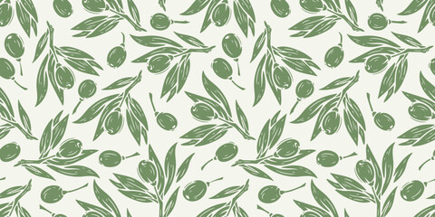 Seamless Pattern with Green Olive Branches, Leaves and Berries, Vector Illustration