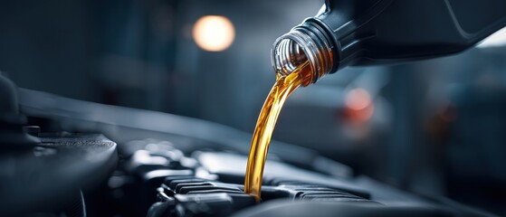 Pouring engine oil into car engine