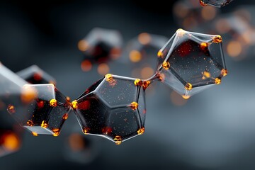 Abstract molecular chain with translucent geometric crystalline structures linked by glowing orange spheres in a dark ethereal background