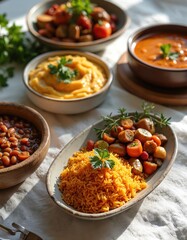 Various mediterranean dishes served family style. Includes hummus, stewed beans, rice pilaf, and roasted vegetables. Great for sharing a meal.