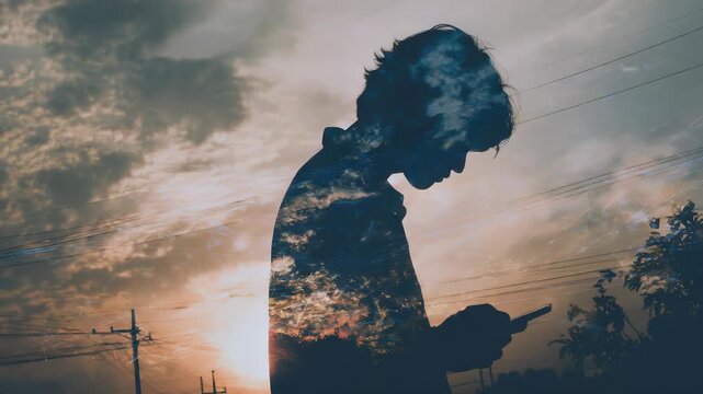 Schizophrenic man holding head in his hand, sad after receive bad news. Stressed boy confused with unhappy problem, cry and worry about unexpected work, down economy, bipolar