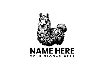 Detailed black and white sketch of a cute llama, designed as a vintage-style logo emblem for a brand or farm. Vector illustration 184
