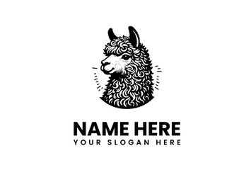 Graceful alpaca head logo design in a classic monochrome illustration style, featuring intricate details for sophisticated branding and unique identity