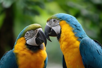 Fototapeta premium Vibrant blue and gold macaws in lush greenery