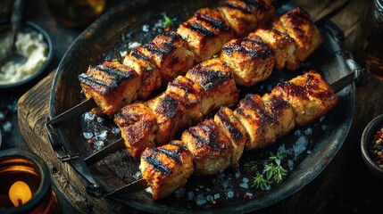 Turkey dish Kebab Grilled meat on skewers browned meat pieces with char marks
