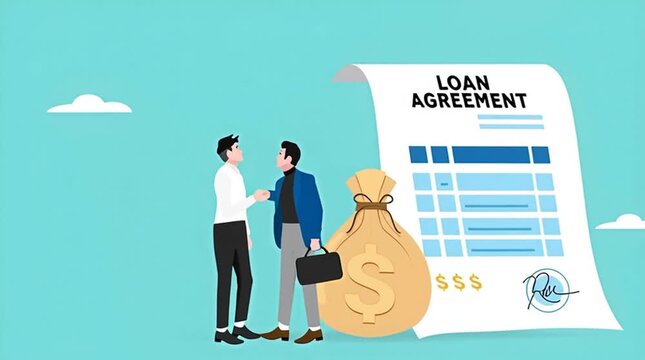loan agreement, proof of loan document, two businessmen shaking hands making a loan agreement with a bag of dollars and a loan agreement document concept vector illustration