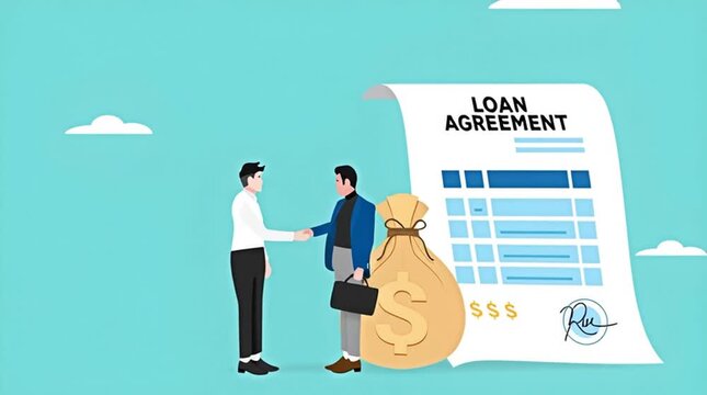 loan agreement, proof of loan document, two businessmen shaking hands making a loan agreement with a bag of dollars and a loan agreement document concept vector illustration