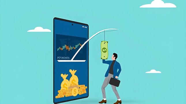 phone scam with fraud investment offers, social media crime with theft of personal data, happy man who is tempted by fake investment offers that are detrimental and threaten personal data