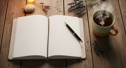 Cozy evening scene with an open journal pen and steaming cup of tea on a rustic wooden table.