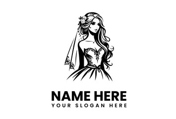 Elegant black and white illustration of a beautiful bride with flowing hair, veil, and floral accents, perfect for wedding-related branding or romantic designs