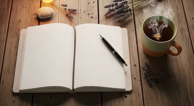 Cozy evening scene with an open journal pen and steaming cup of tea on a rustic wooden table. - Powered by Adobe