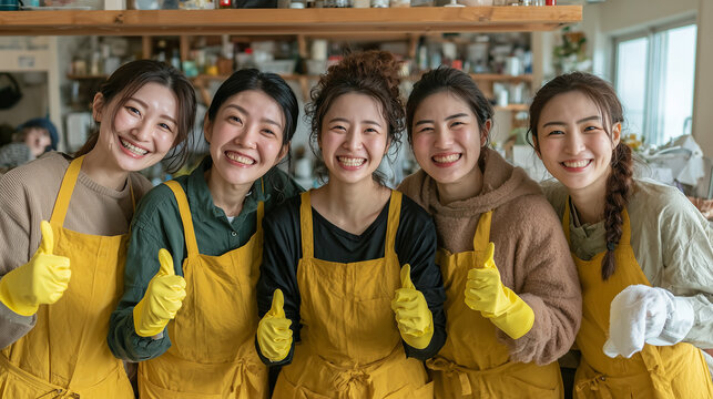 Several cheerful young Asian women wearing aprons and cleaning gloves stand together in a modern home office, smiling brightly as they face the camera and give a thumbs-up while cleaning