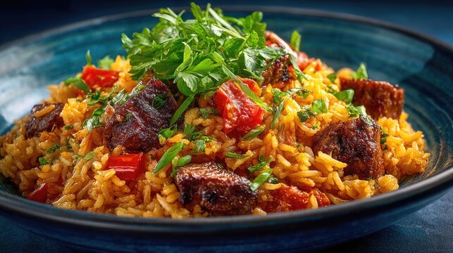 Burkina Faso dish Riz Gras Rice cooked with tomatoes meat and vegetables oily and flavorful