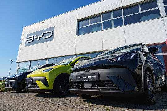 Dusseldorf, Germany - September 28 2025: Newly opened Chinese automaker company BYD dealership building in Flingern district of Dusseldorf, Germany