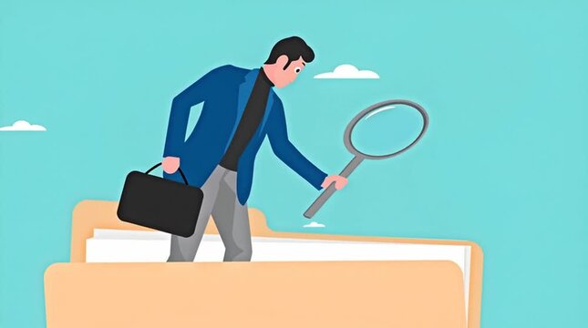 Document, search or file archive, office contract concept, research papers or documentation files, company documents archive, businessman looking for files in a document file using a magnifying glass