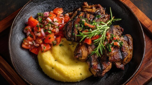 Kenya dish Nyama Choma Grilled goat meat served with ugali cornmeal and kachumbari tomato-onion salad