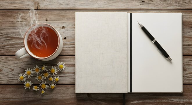Cozy Workspace with Steaming Chamomile Tea and Open Notebook on Wooden Desk.