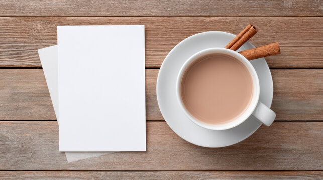 Cozy flat lay with blank card mockup, warm cup of coffee, and cinnamon stick on wood table background. simple and peaceful template for an invitation or menu - Powered by Adobe