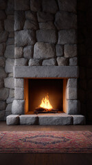 Cozy stone fireplace with warm fire burning in rustic home interior. tranquil scene with wood floor and rug creates feeling of comfort and peace on cold night