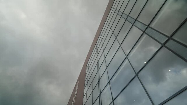 The facade of a modern building for the production of bread products. Dolly camera