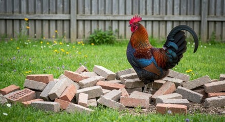 Fototapeta premium Rooster stands proudly amongst bricks on a grassy lawn, near a wooden fence