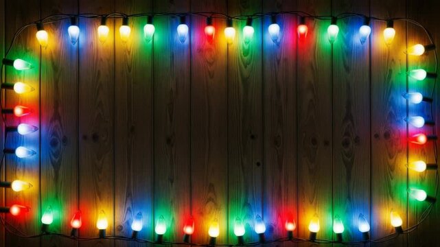 Colorful christmas lights frame on a rustic wooden background
